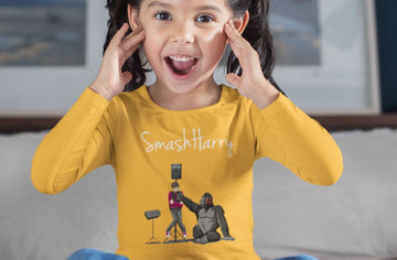 smashharry kids collection organic mustard long sleeve t-shirt with microphone image and white logo