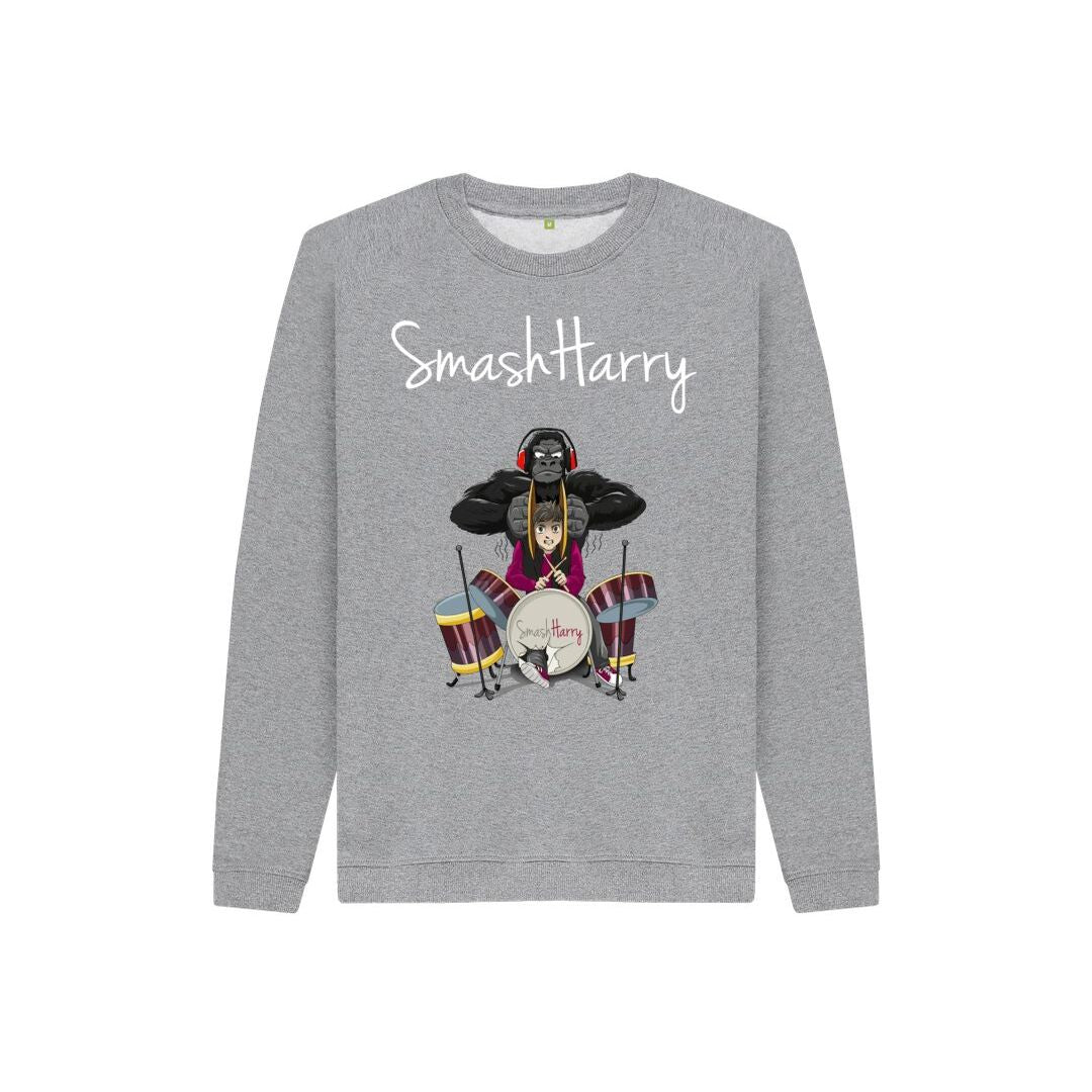smashharry kids organic athletic grey jumper with drums image and white logo