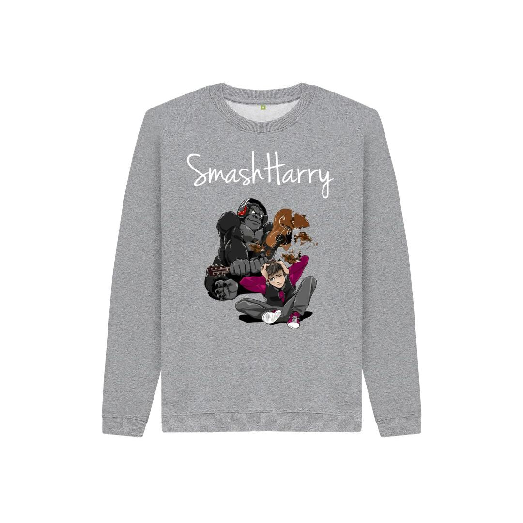 smashharry kids organic athletic grey jumper with guitar image and white logo