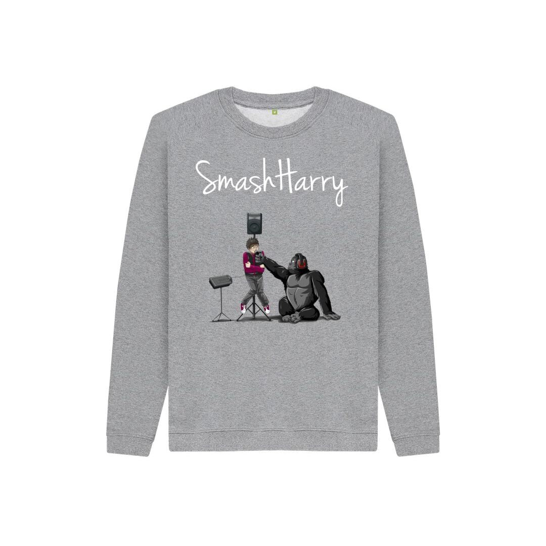 smashharry kids organic athletic grey jumper with microphone image and white logo