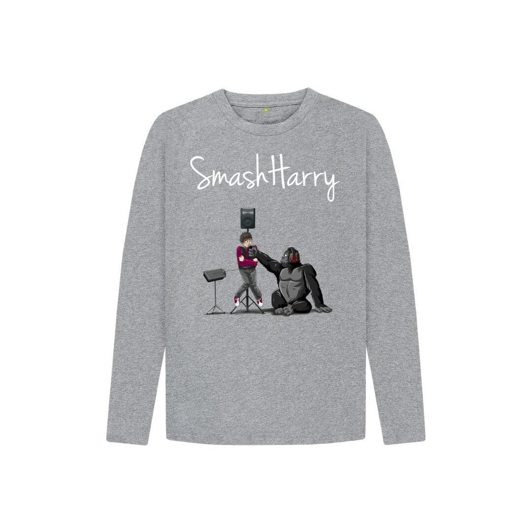 smashharry kids organic athletic grey long sleeve t-shirt with microphone image and white logo