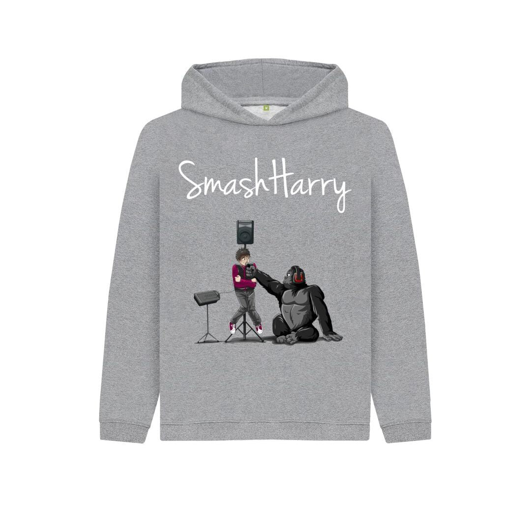 smashharry kids organic athletic grey pullover hoodie with microphone image and white logo