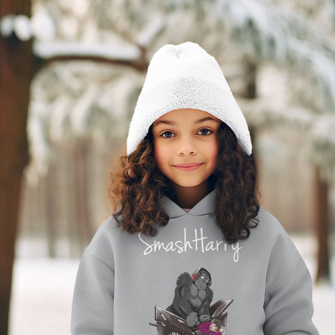 smashharry kids organic athletic grey pullover hoodie with piano image and white logo