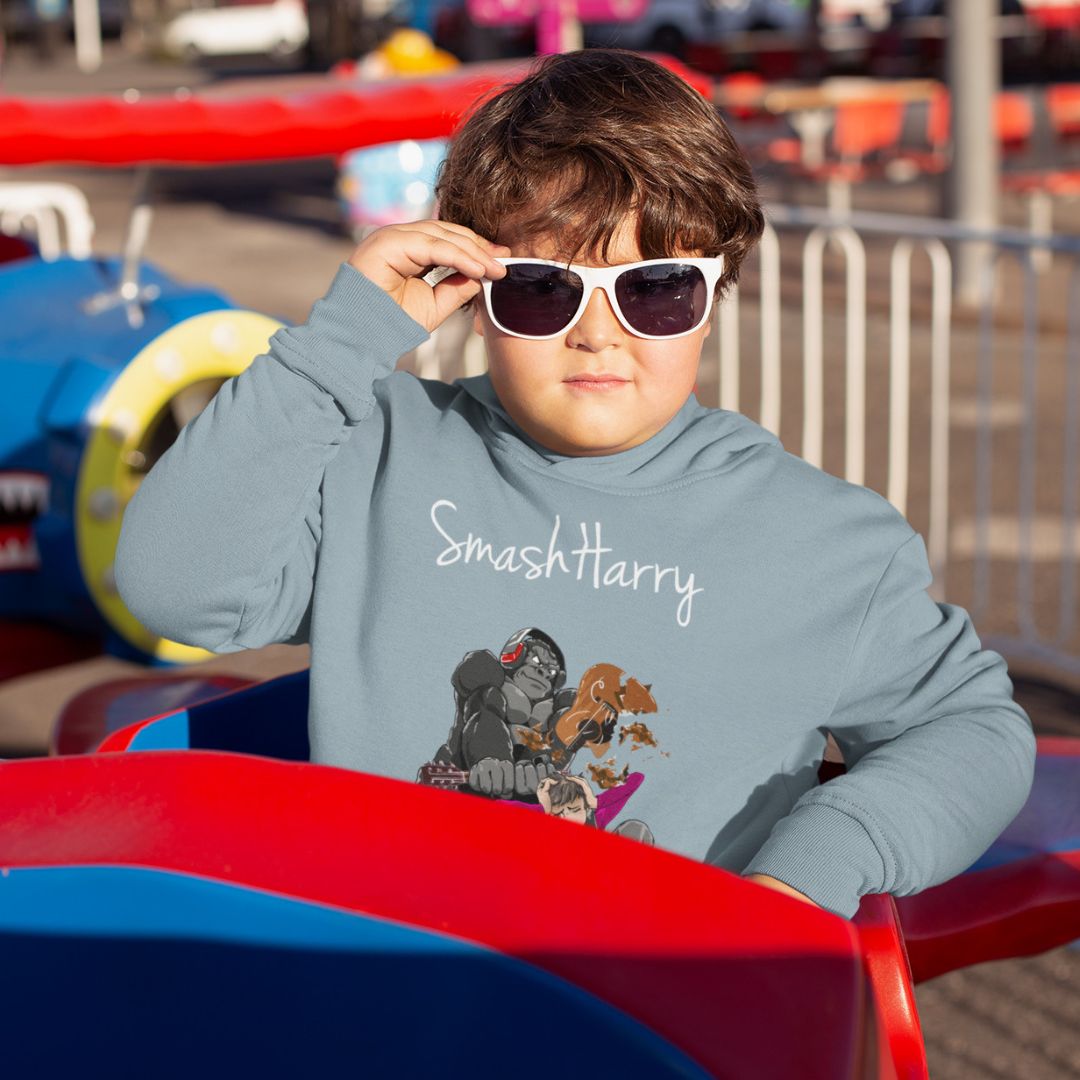 smashharry kids organic stone blue jumper with guitar image and  white logo