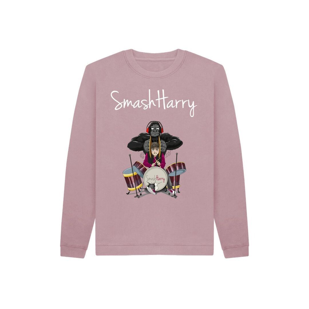 smashharry kids organic mauve jumper with drums image and white logo