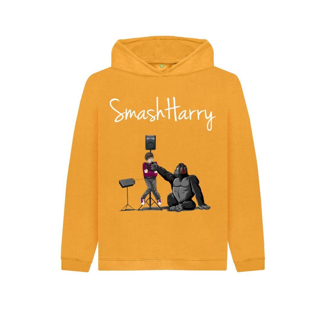 smashharry kids organic mustard pullover hoodie with microphone image and white logo