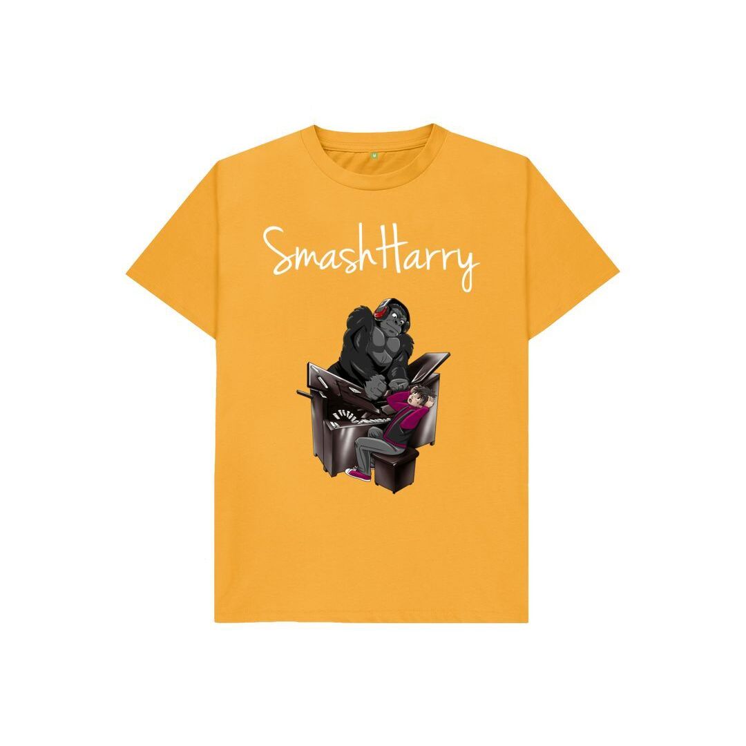 smashharry kids organic mustard-t-shirt with piano image and white logol