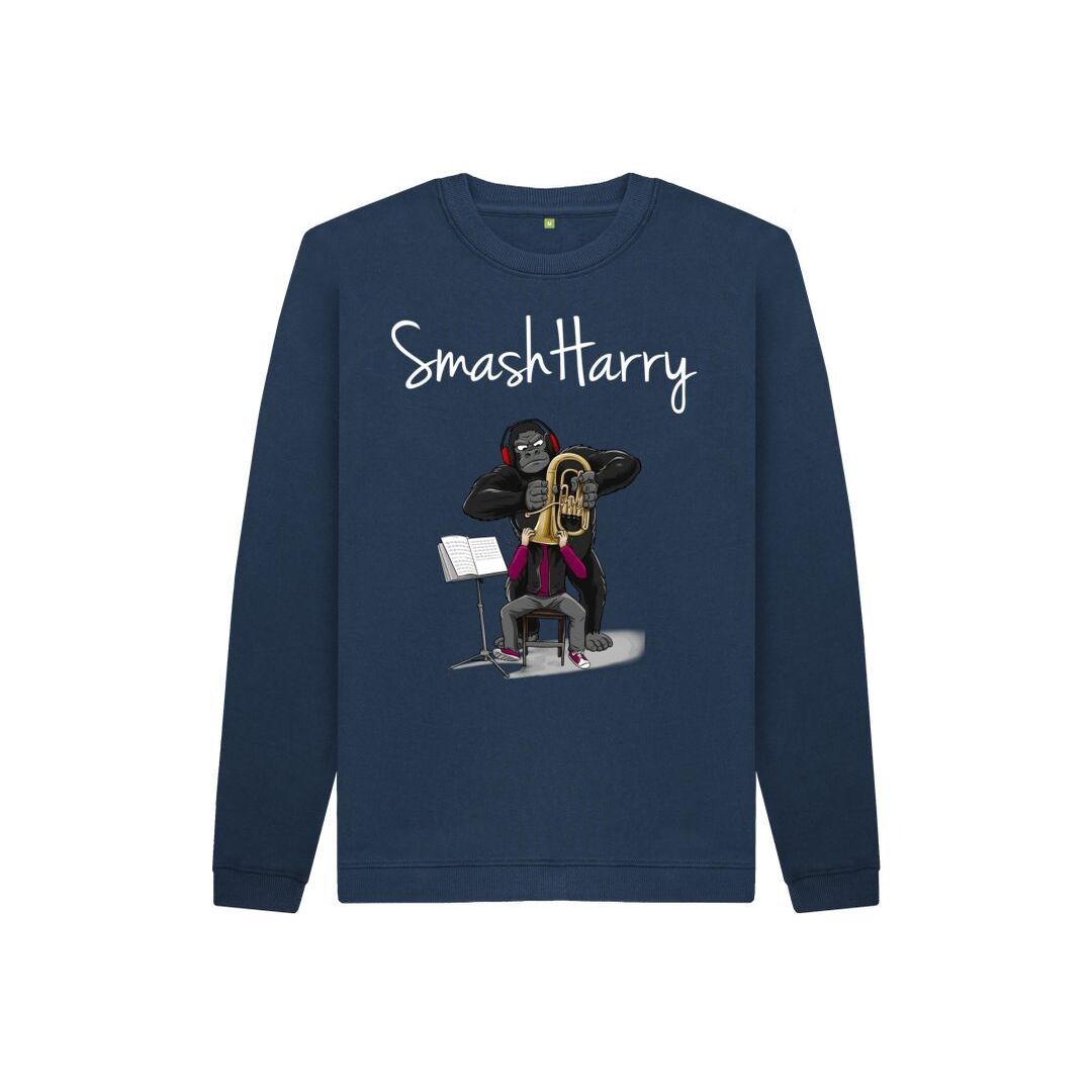 smashharry kids organic navy blue jumper with brass image and white logo