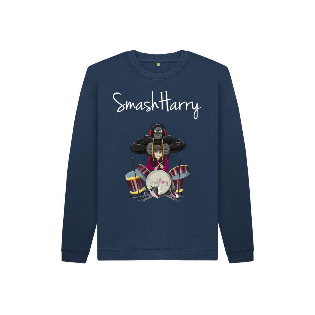smashharry kids organic navy blue jumper with drums image and white logo