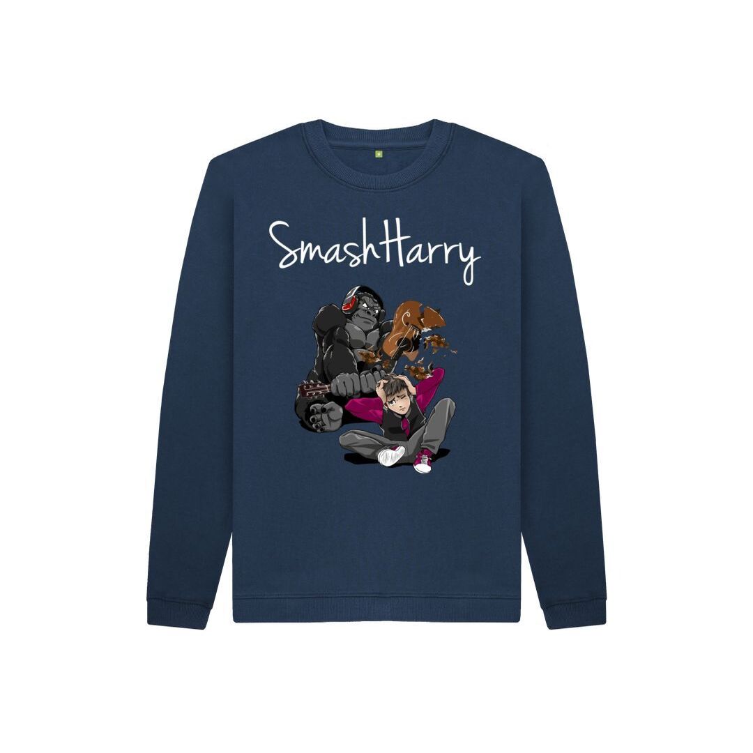 smashharry kids organic navy blue jumper with guitar image and white logo