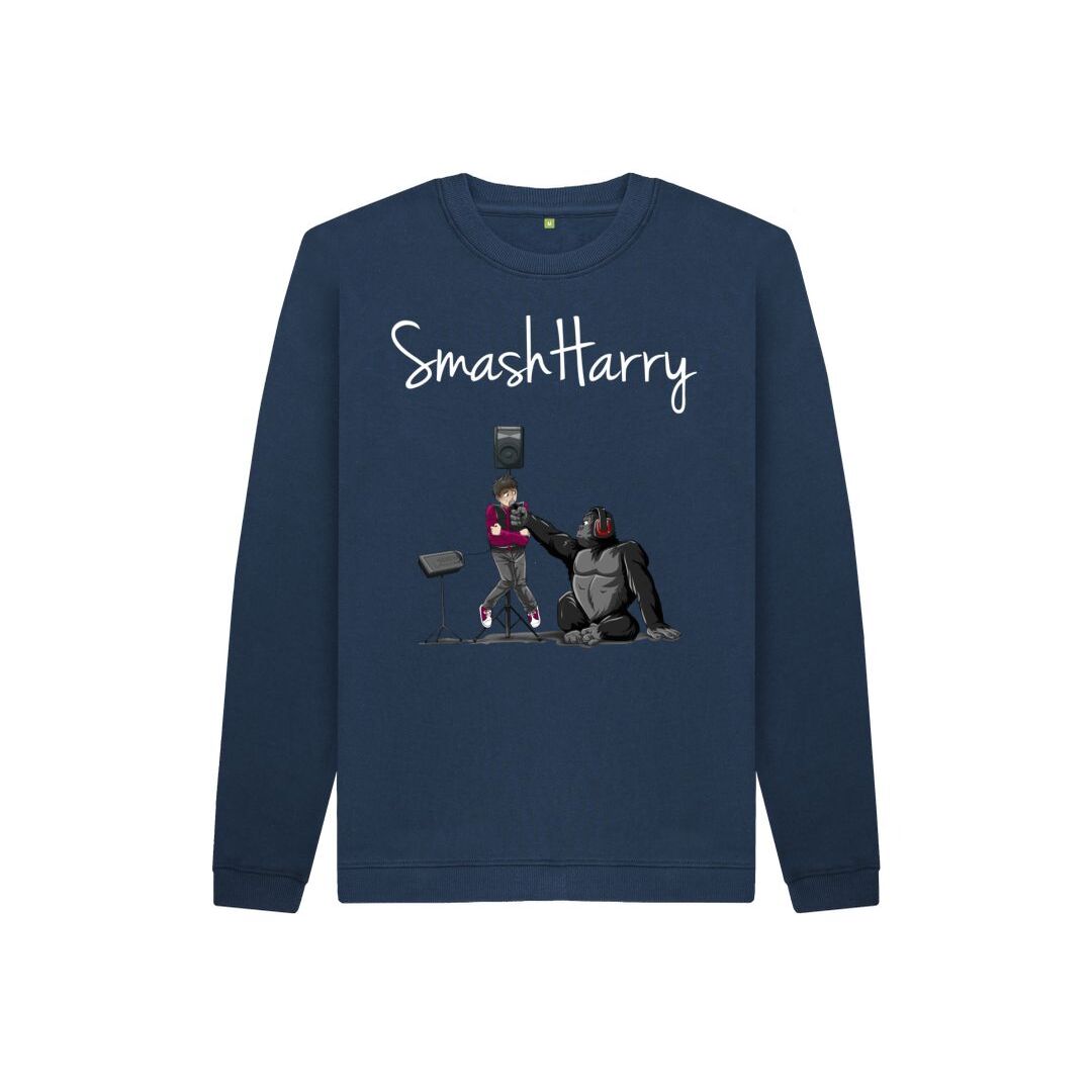 smashharry kids organic navy blue jumper with microphone image and white logo