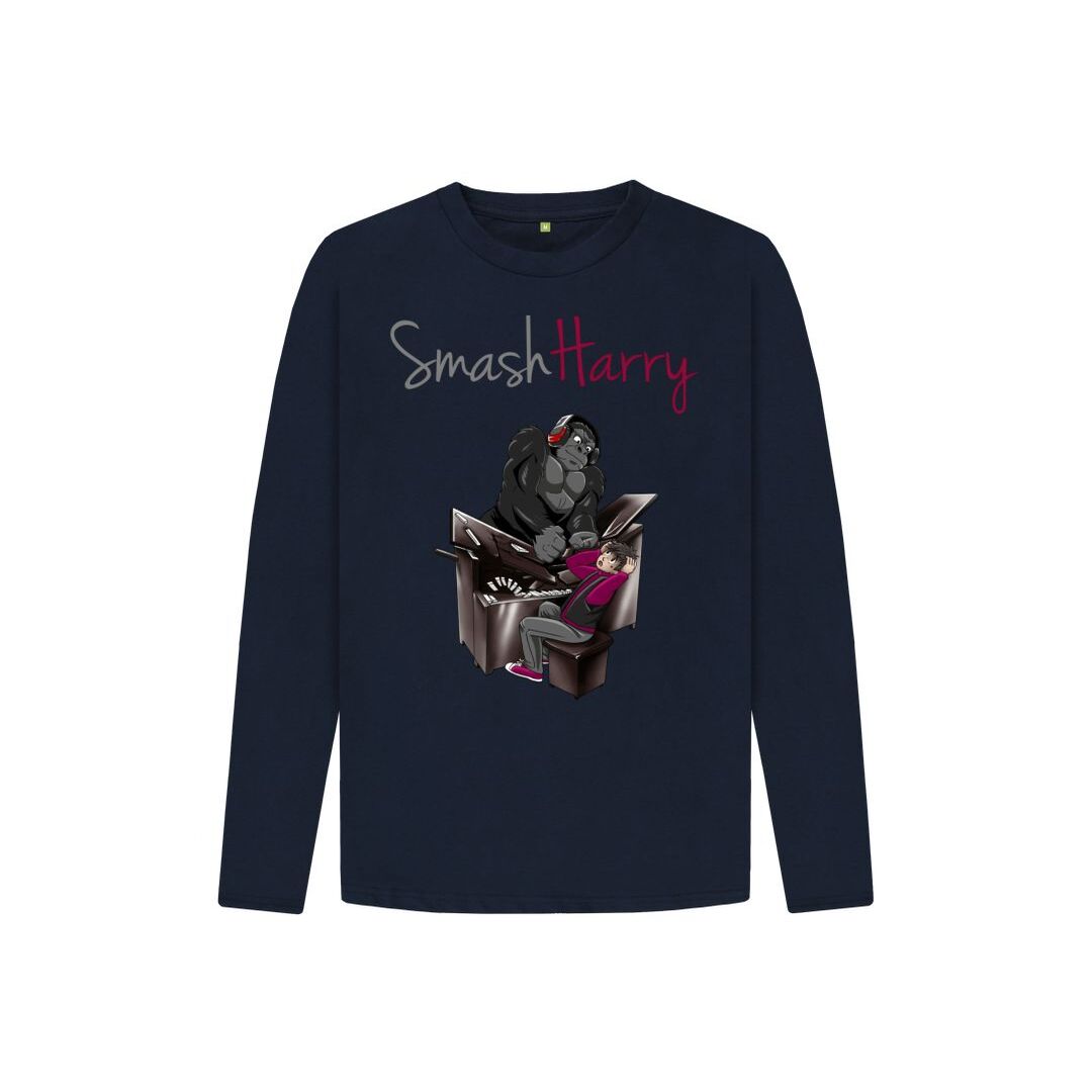 smashharry kids organic navy blue long sleeve t-shirt with piano image