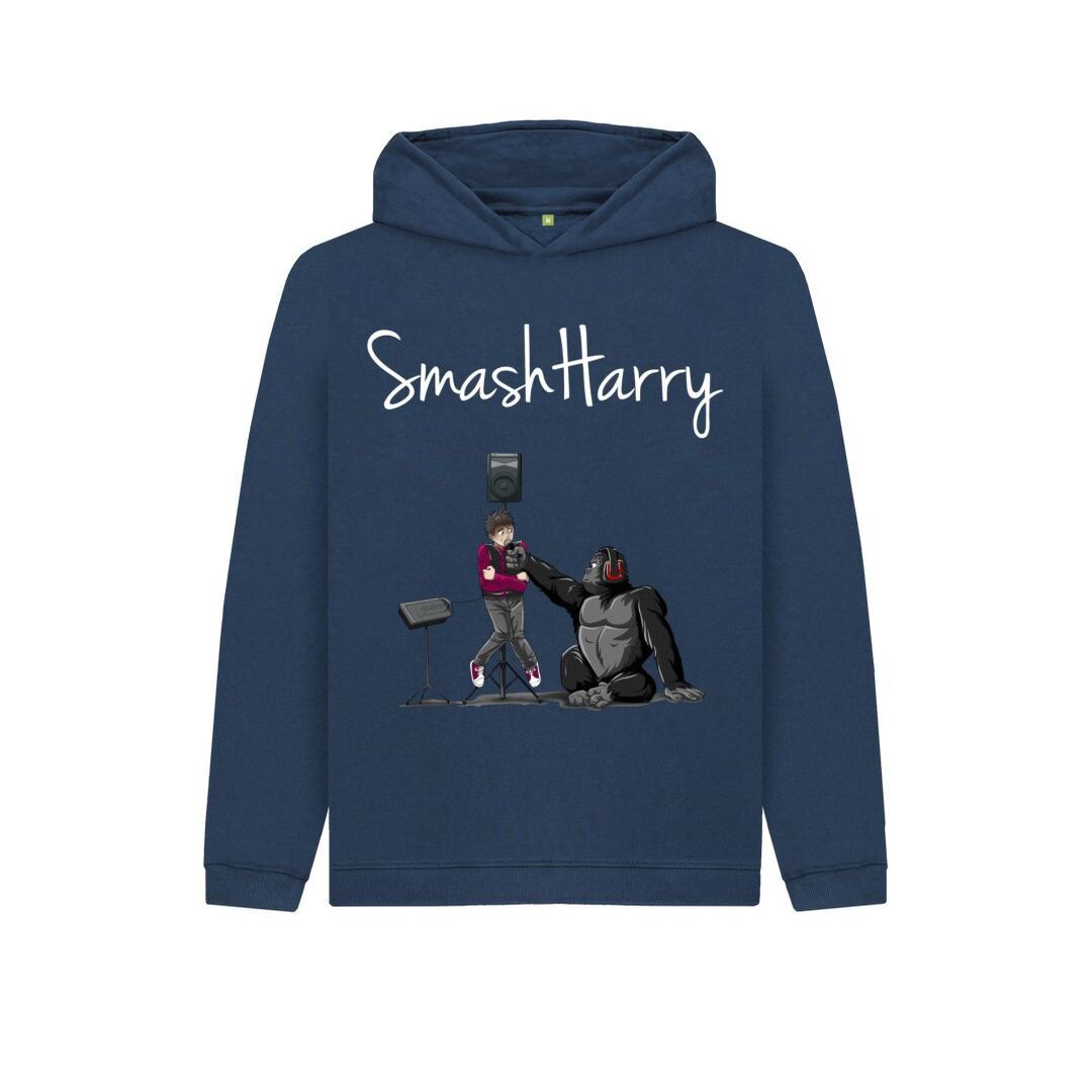 smashharry kids organic navy blue pullover hoodie with microphone image and white logo