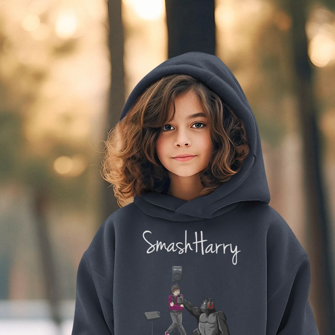 smashharry kids organic navy blue pullover hoodie with microphone image and white logo
