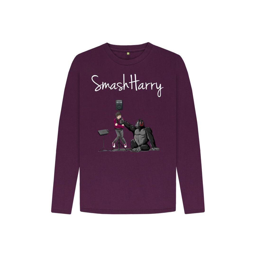 smashharry kids organic purple long sleeve t-shirt with microphone image and white logo