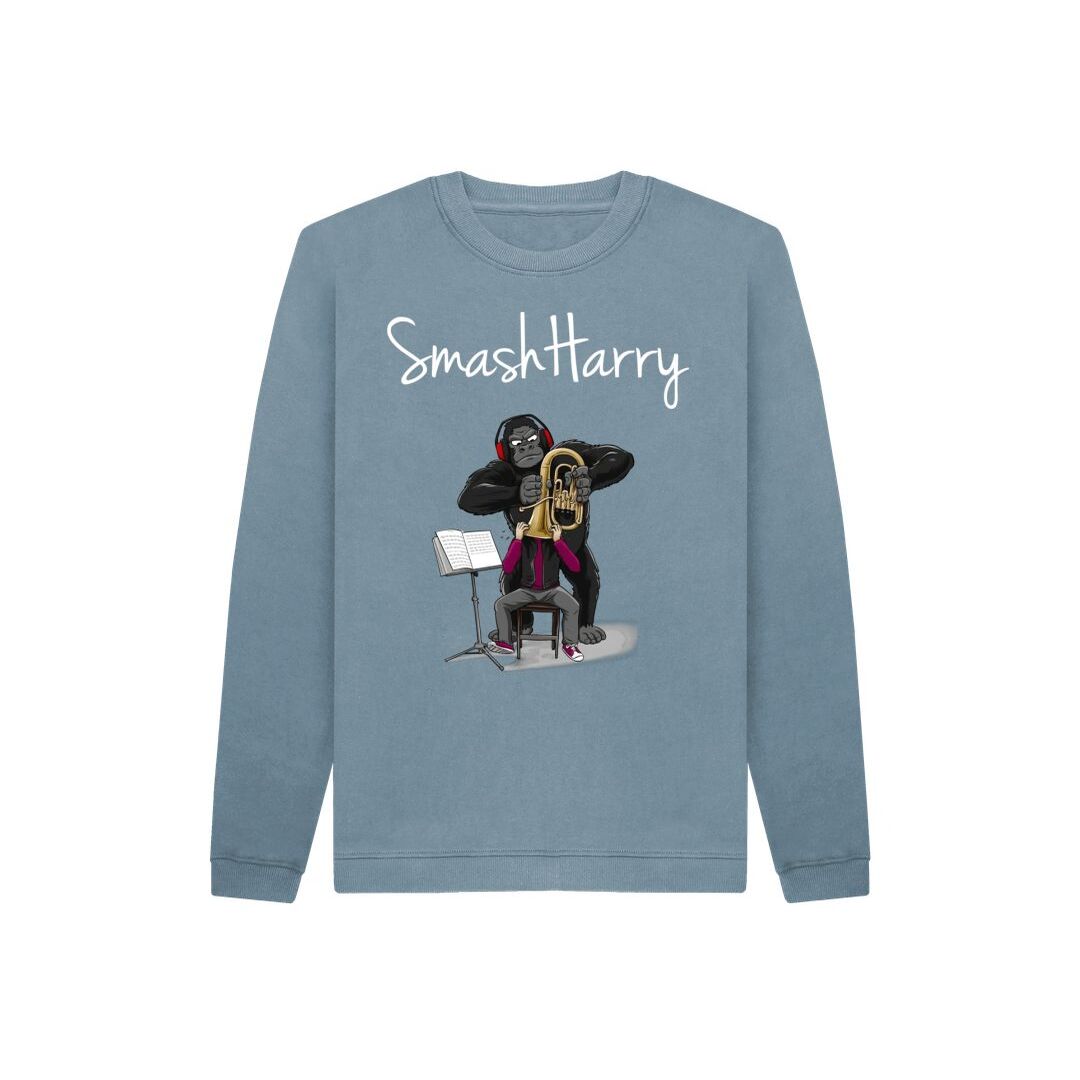 smashharry kids organic stone blue jumper with brass image and white logo