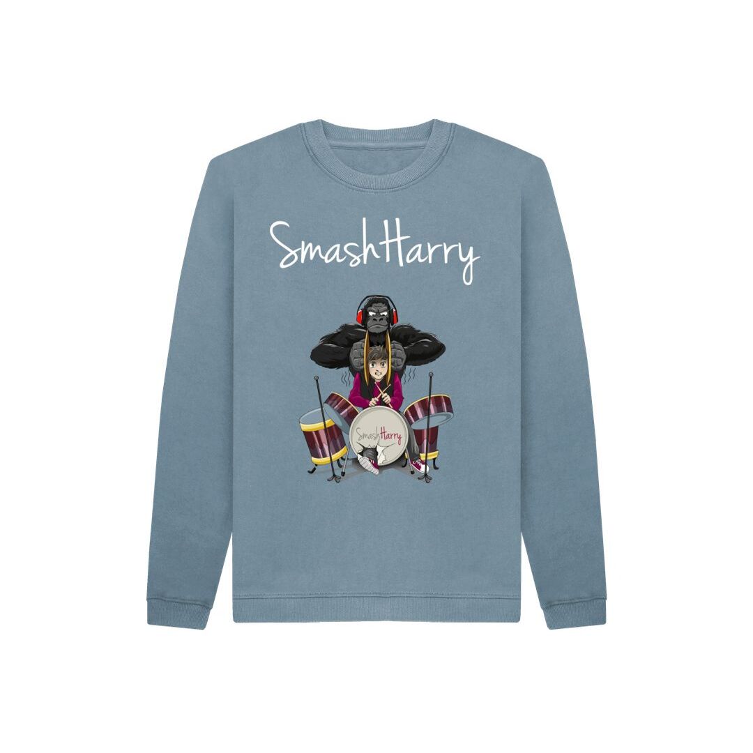 smashharry kids organic stone blue jumper with drums image and white logo