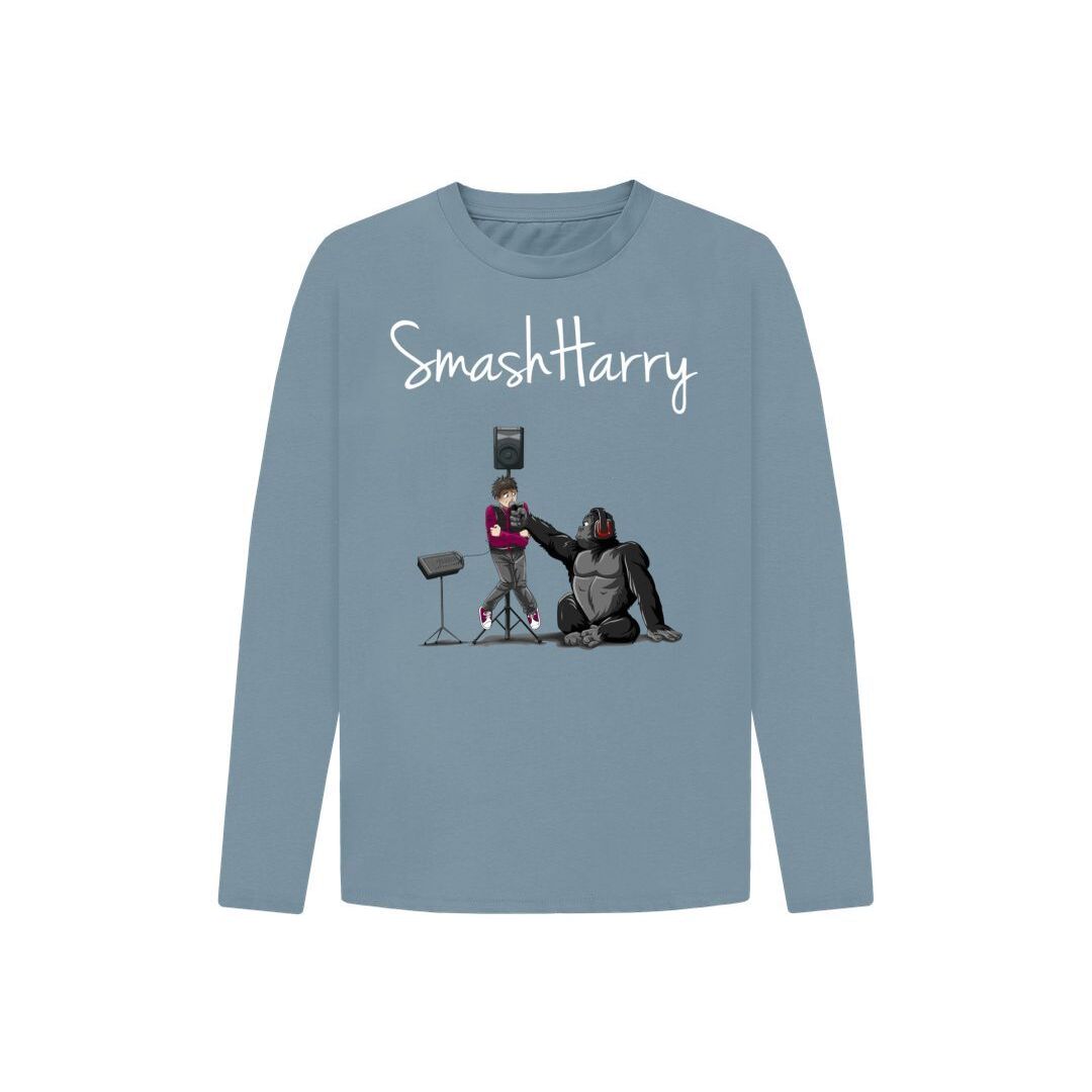 smashharry kids organic stone blue long sleeve t-shirt with microphone image and white logo