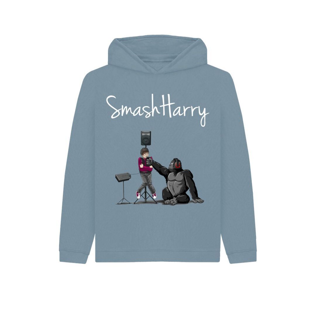 smashharry kids organic stone blue pullover hoodie with microphone image and white logo