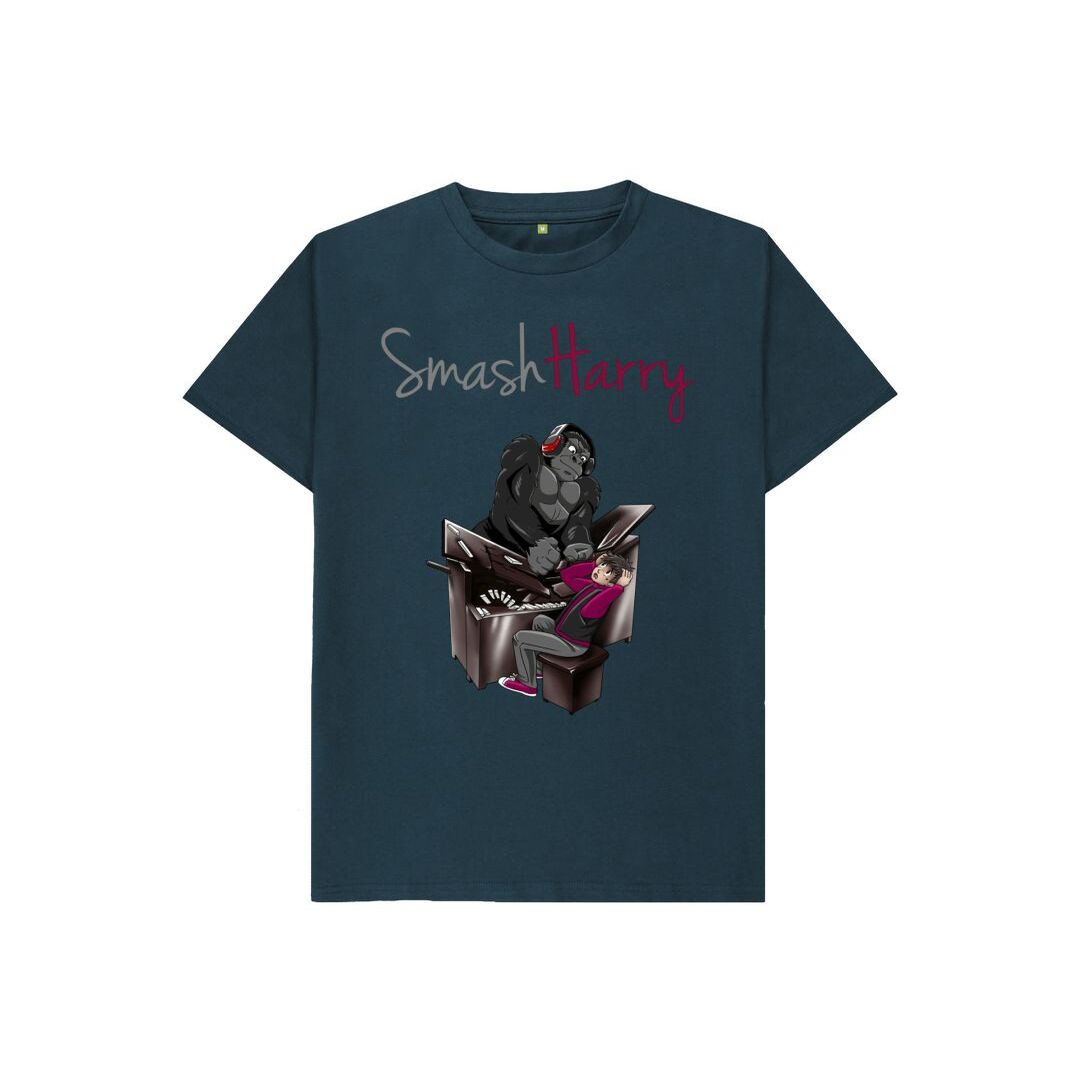 smashharry kids organic denim blue t-shirt with piano image