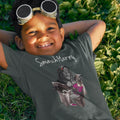smashharry kids organic denim blue-t-shirt with piano image and white logol