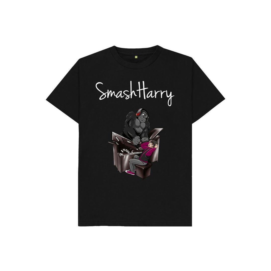 smashharry kids organic black t-shirt with piano image and white logol