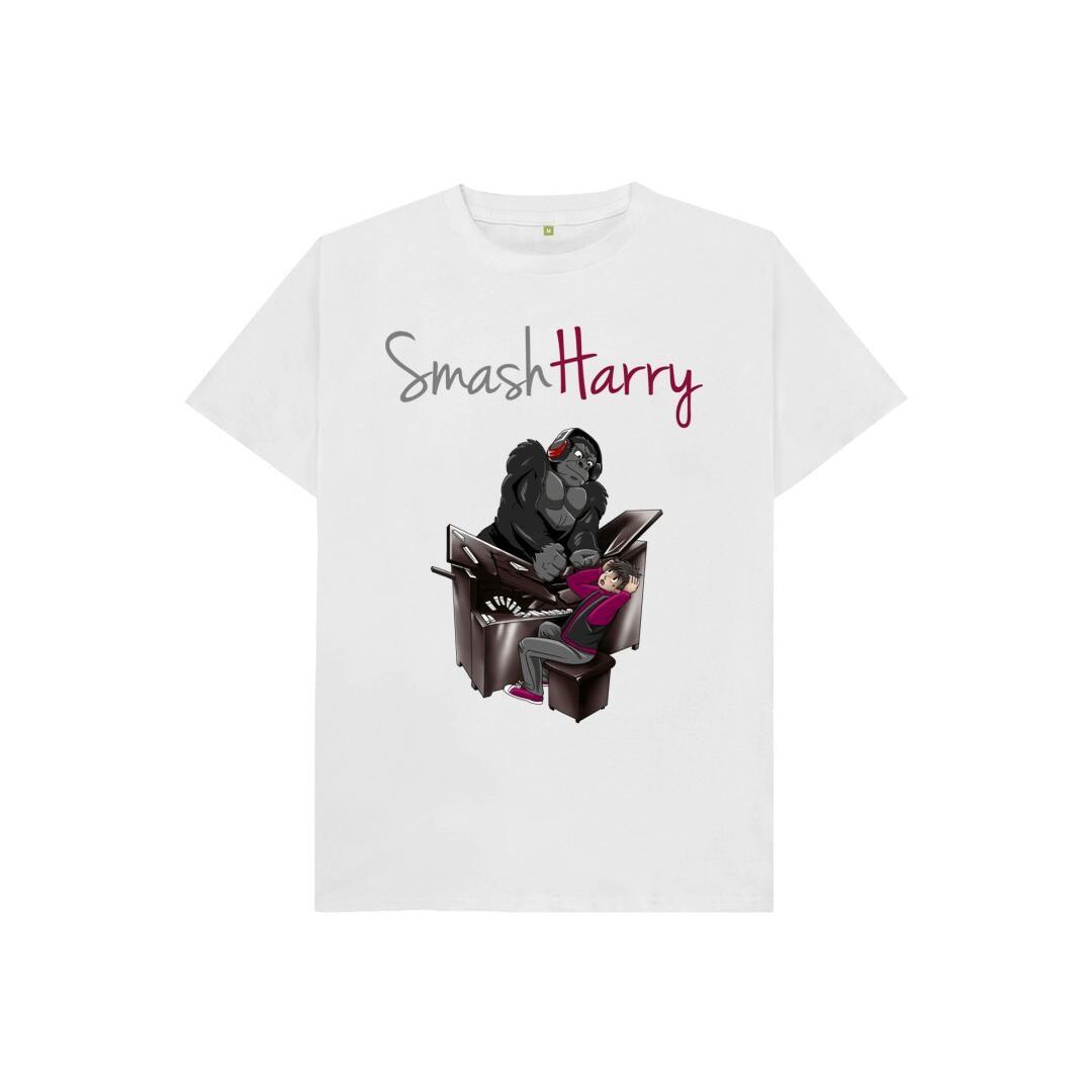 smashharry kids organic white  t-shirt with piano image