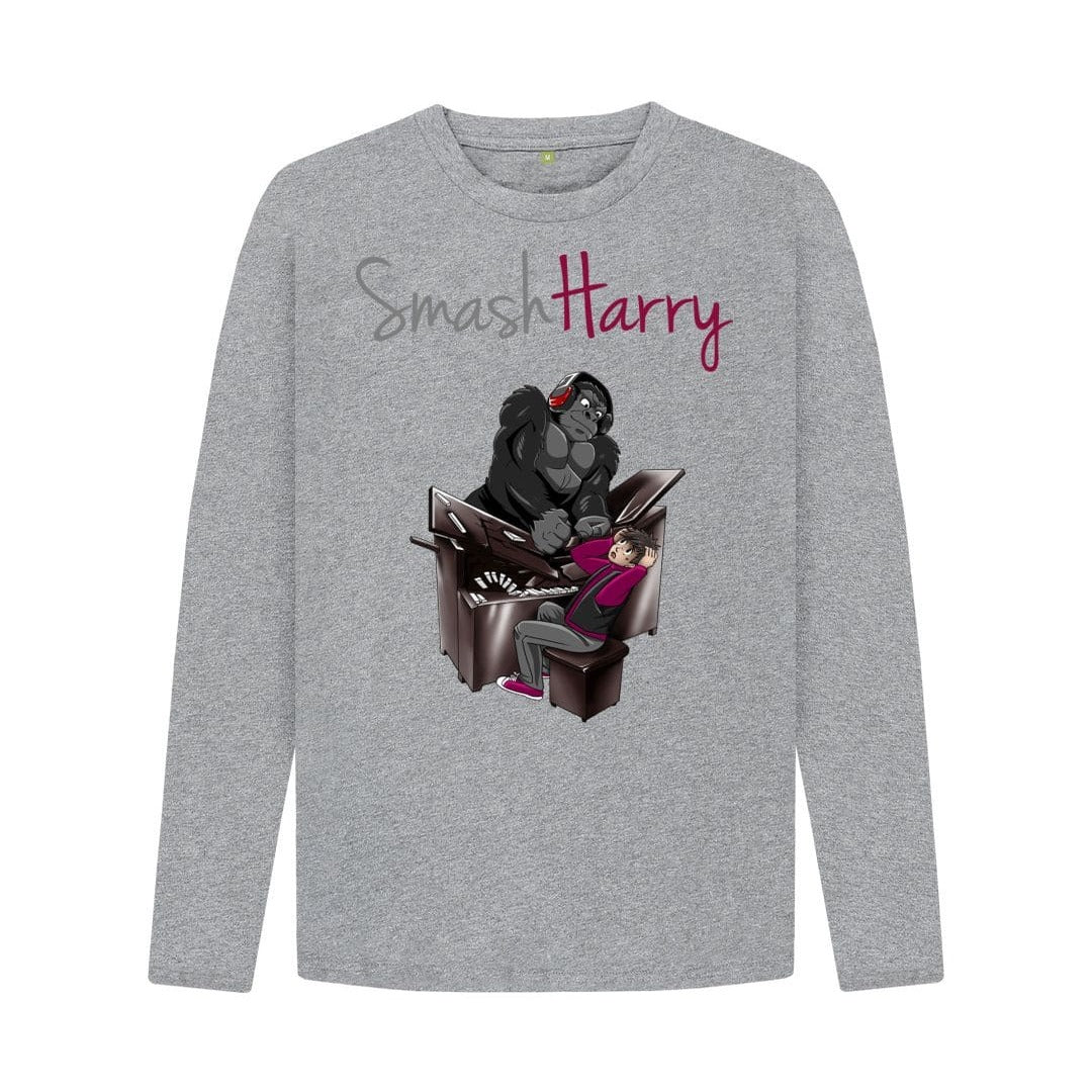 smashharry mens organic athletic grey long sleeved t-shirt with piano image