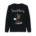 smashharry mens organic black crew neck sweater with brass image and white logo