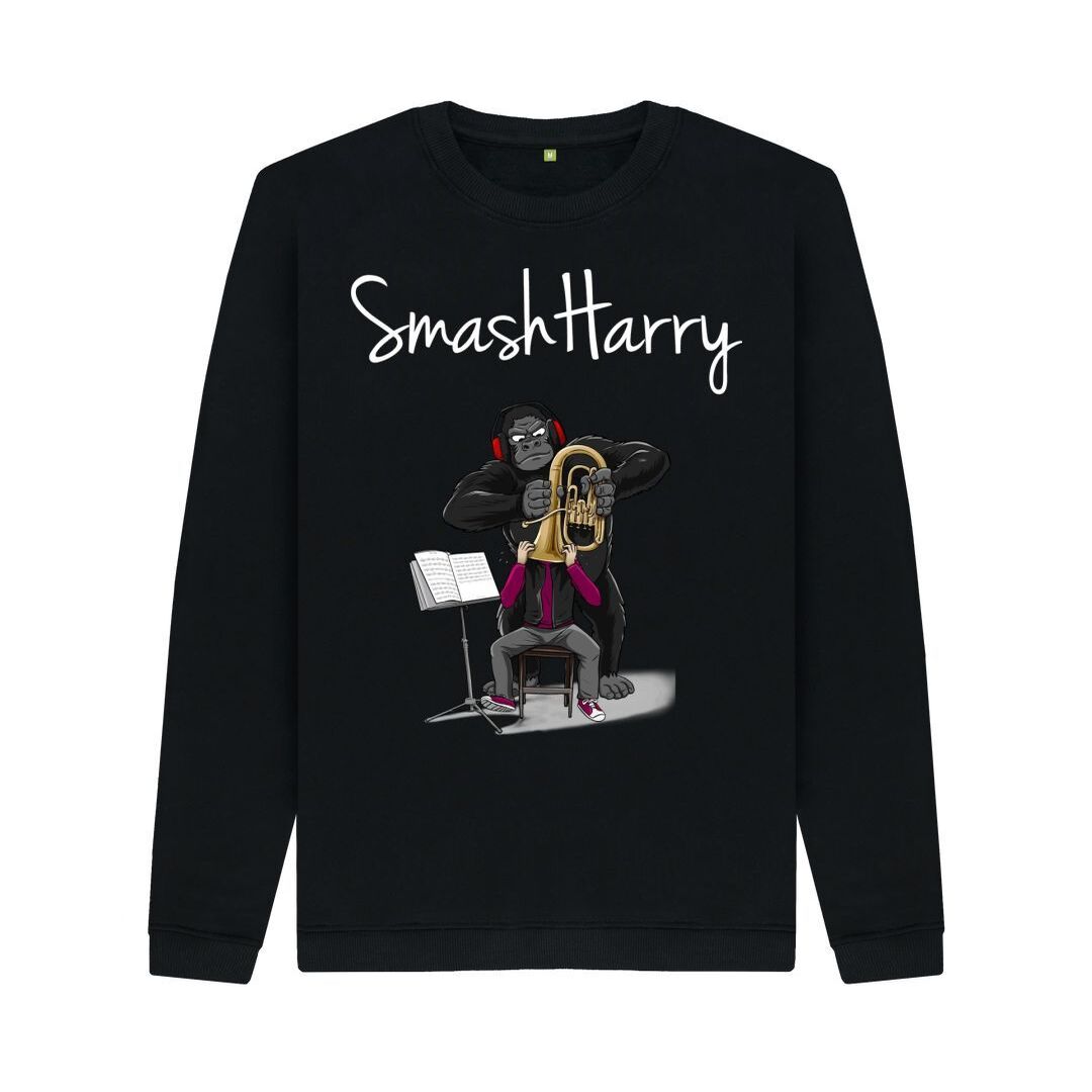 smashharry mens organic black crew neck sweater with brass image and white logo