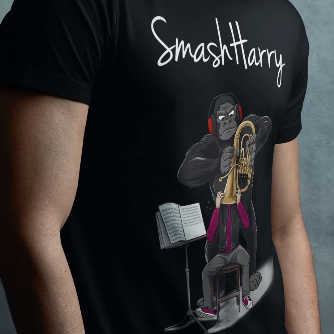 smashharry mens organic black t-shirt with brass image and white logo