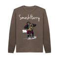 smashharry mens organic chocolate crew neck sweater with brass image and white logo