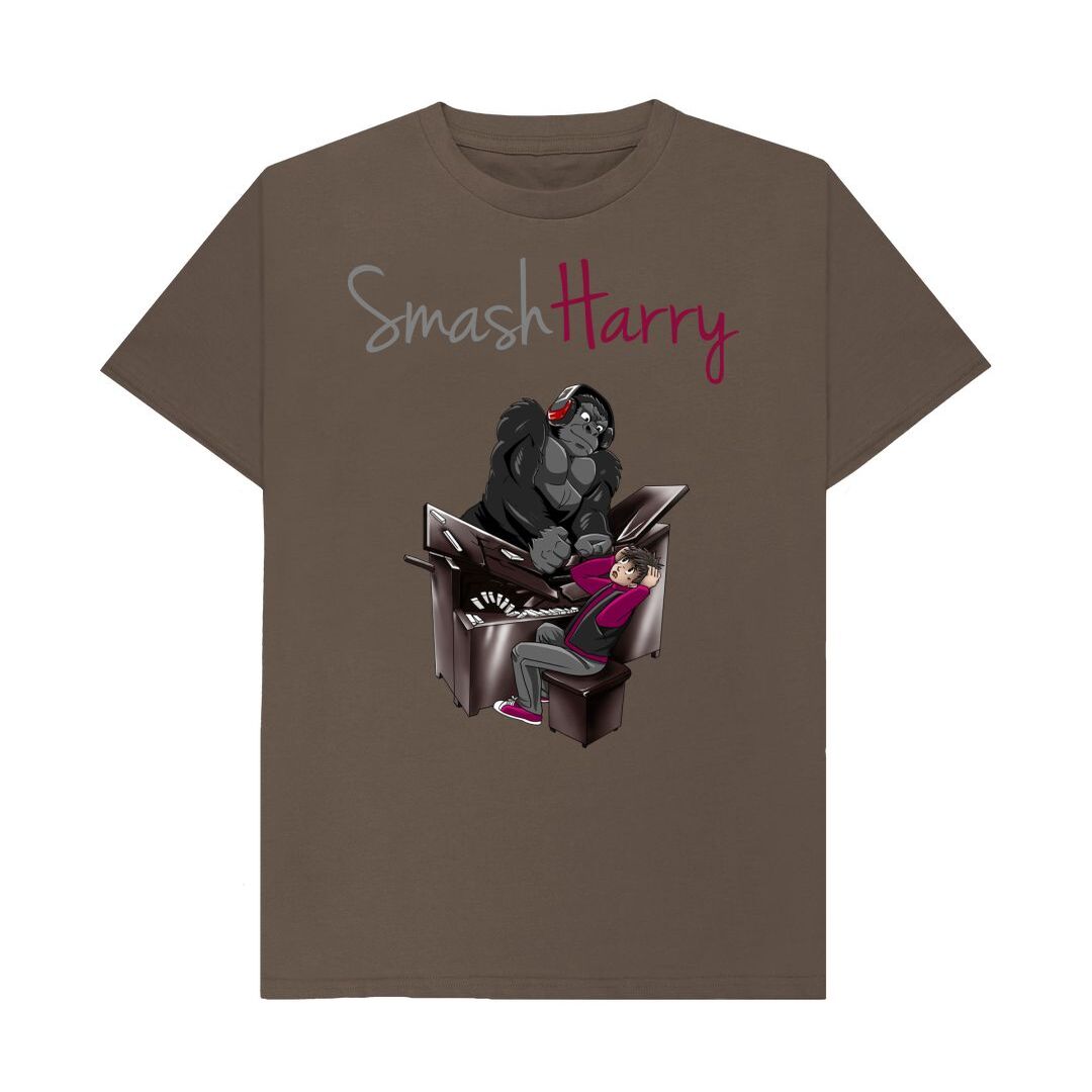 smashharry mens organic chocolate t-shirt with piano image