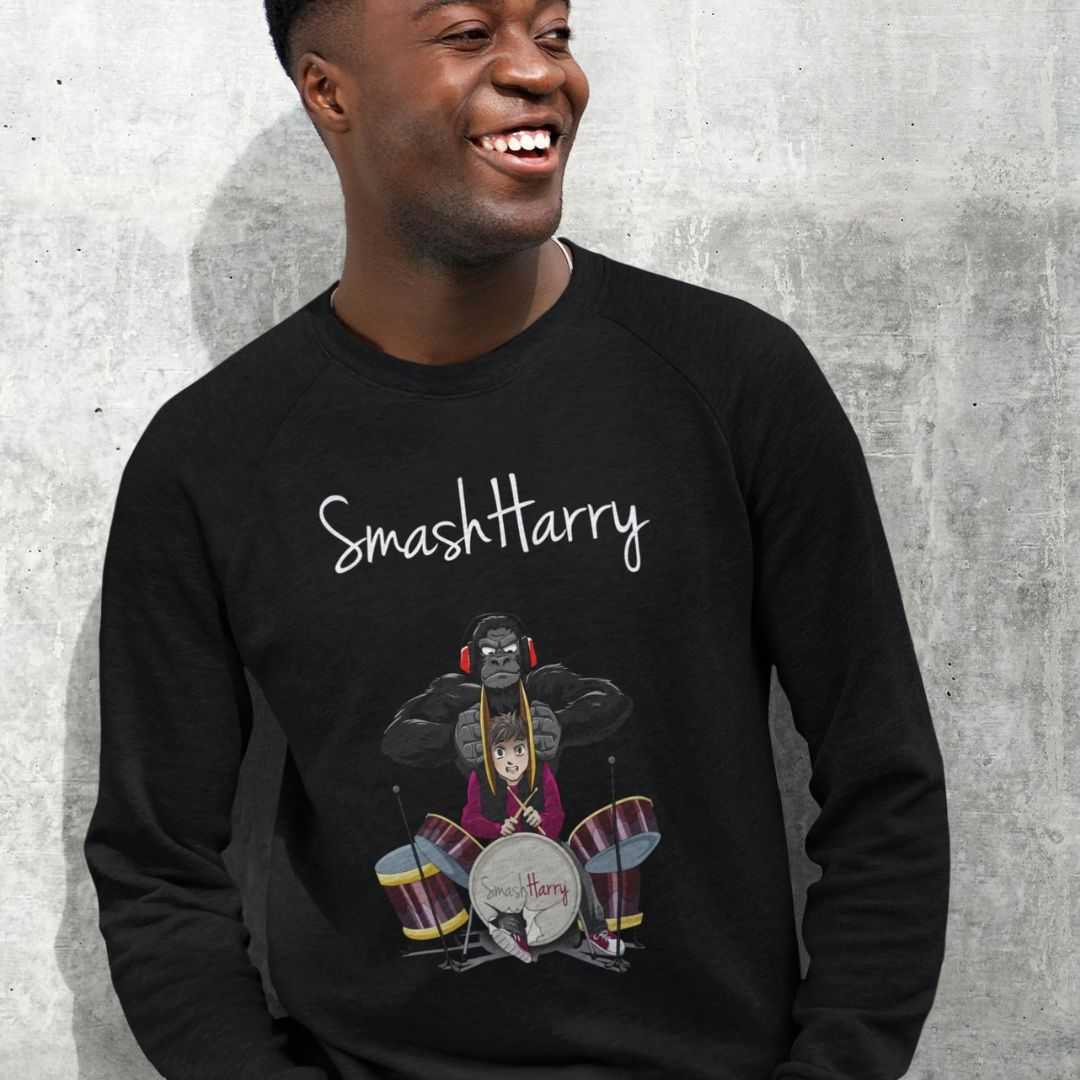    smashharry mens organic black crew neck sweater with drums image and white logo