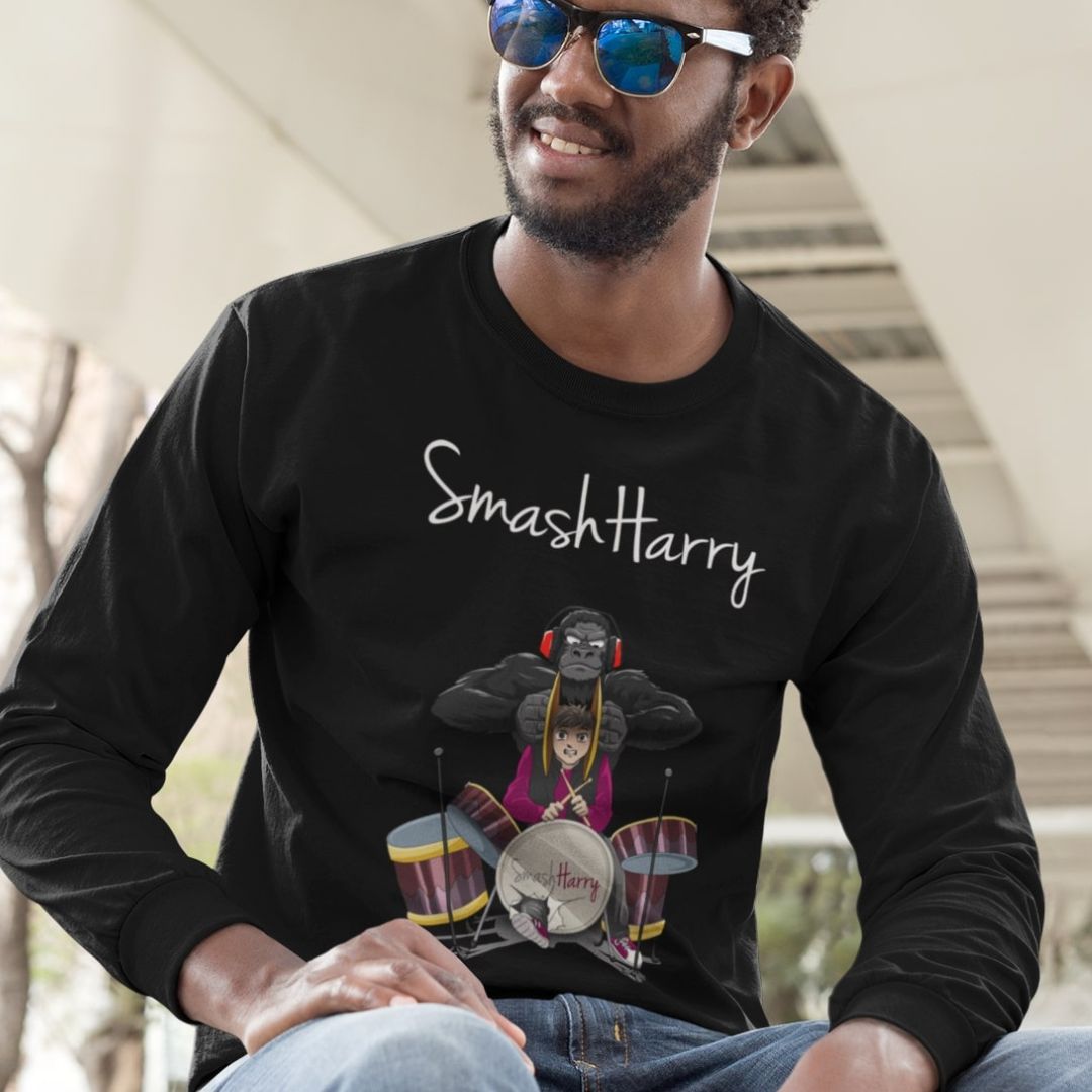 smashharry mens organic navy blue long sleeved t-shirt with drums image and white logo