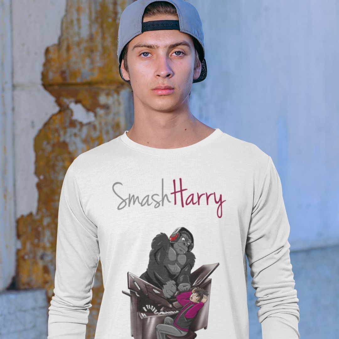 smashharry mens organic white long sleeved t-shirt with piano image