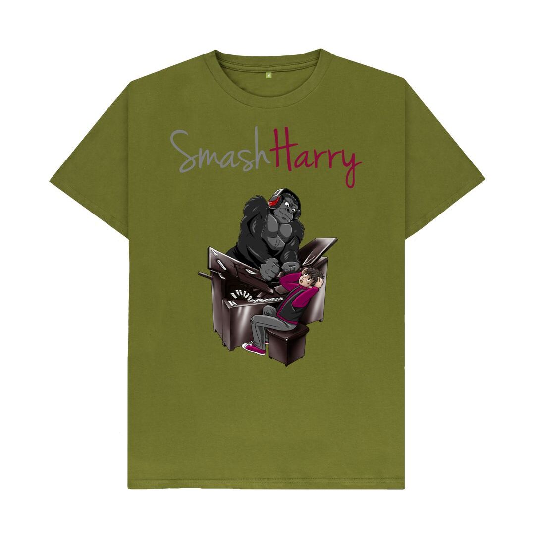 smashharry mens organic moss green t-shirt with piano image