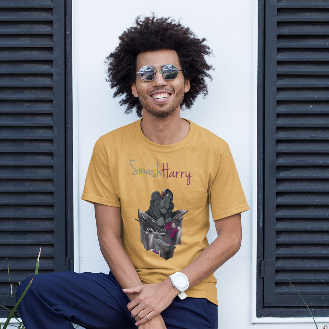 smashharry mens organic mustard t-shirt with piano image