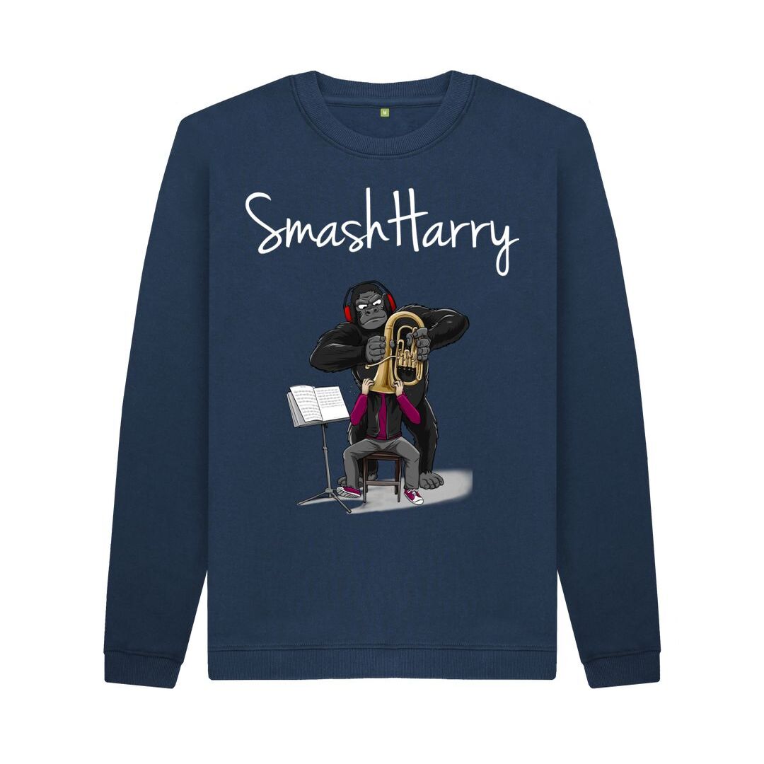 smashharry mens organic navy blue crew neck sweater with brass image and white logo