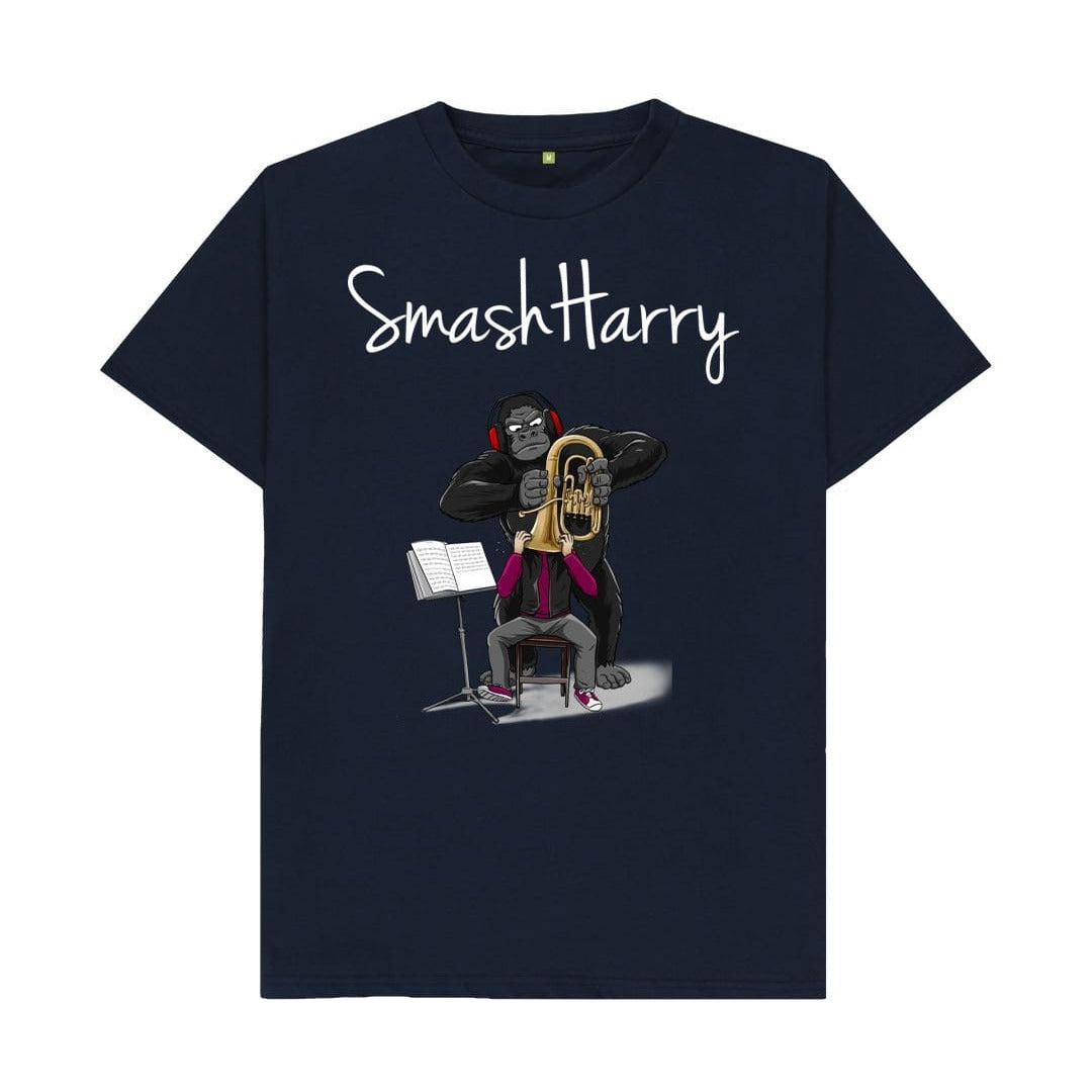 smashharry mens organic navy blue t-shirt with brass image and white logo