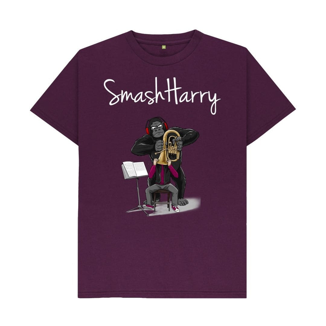 smashharry mens organic purple t-shirt with brass image and white logo