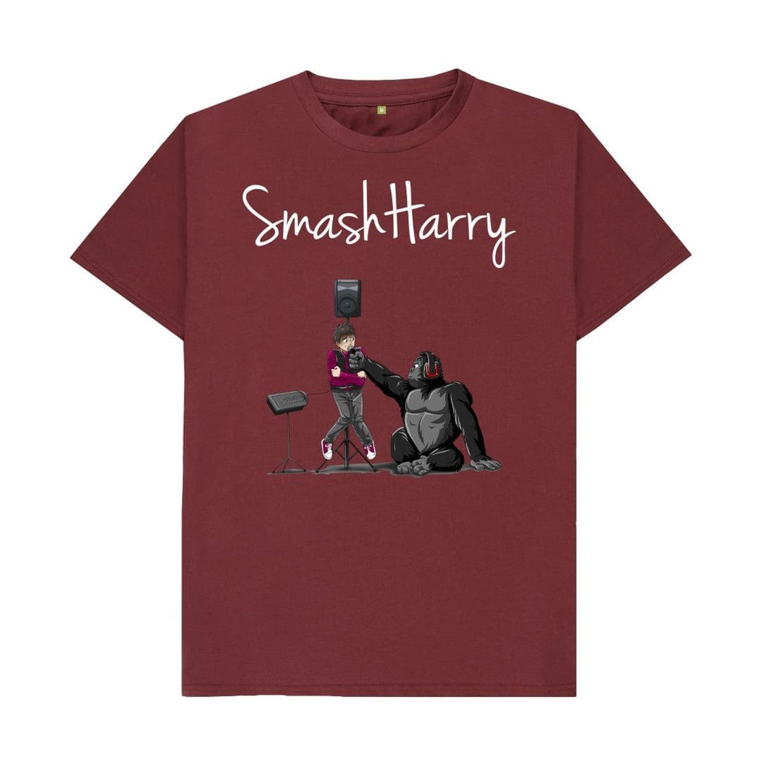 smashharry mens organic red wine t-shirt with microphone image and white logo