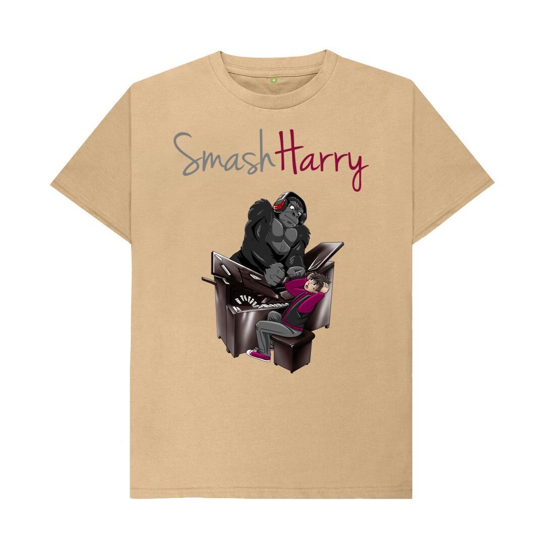 smashharry mens organic sand t-shirt with piano image