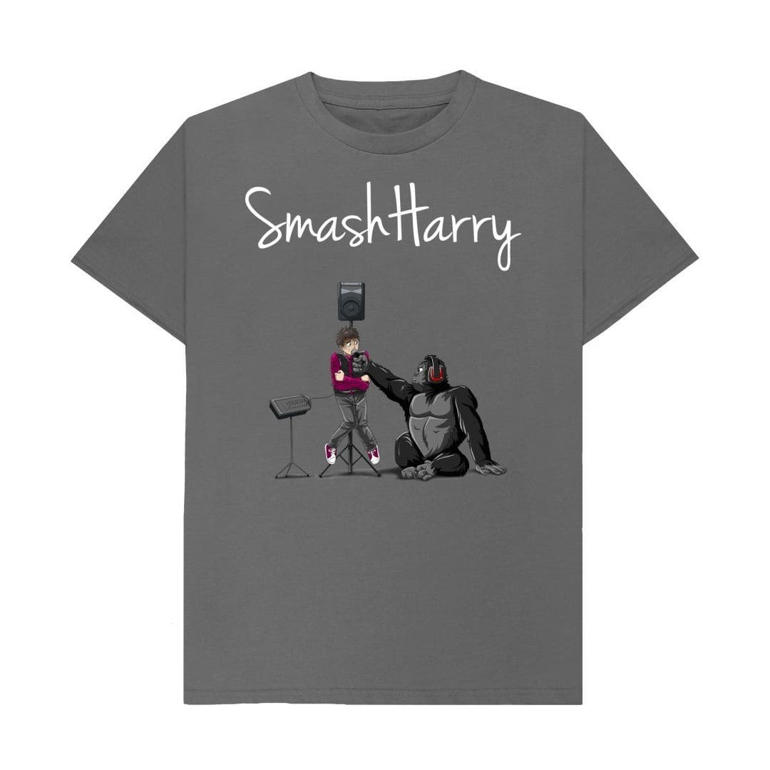 smashharry mens organic slate grey t-shirt with microphone image and white logo