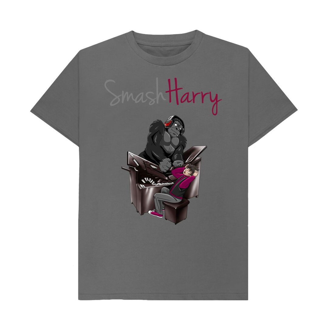 smashharry mens organic slate grey t-shirt with piano image