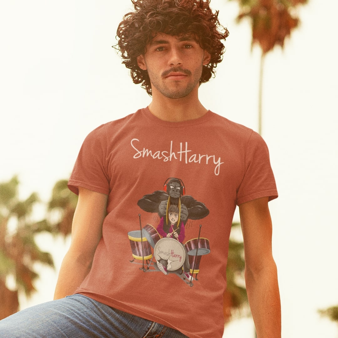 smashharry mens organic rust t-shirt with drums image and white logo