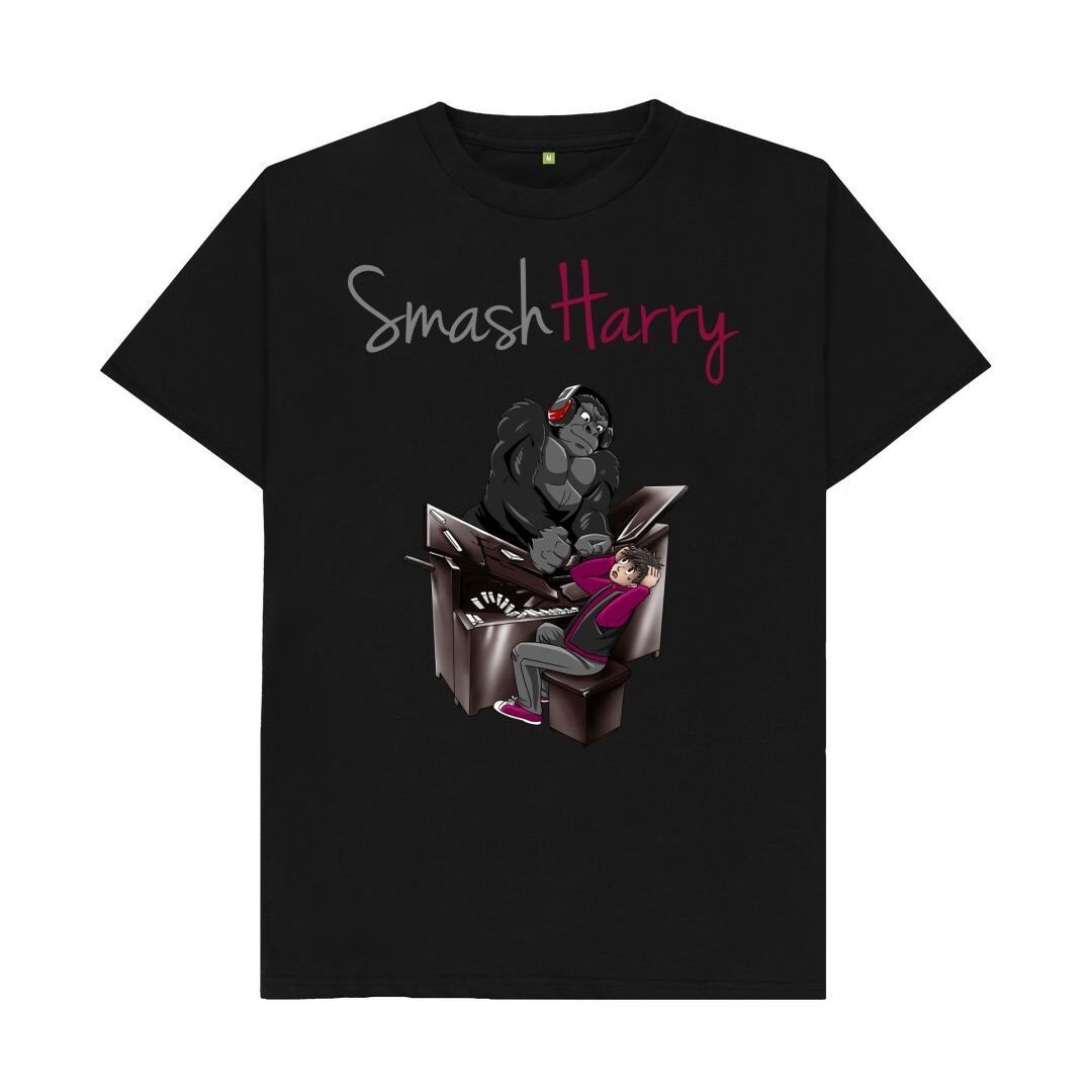 smashharry mens organic black t-shirt with piano image