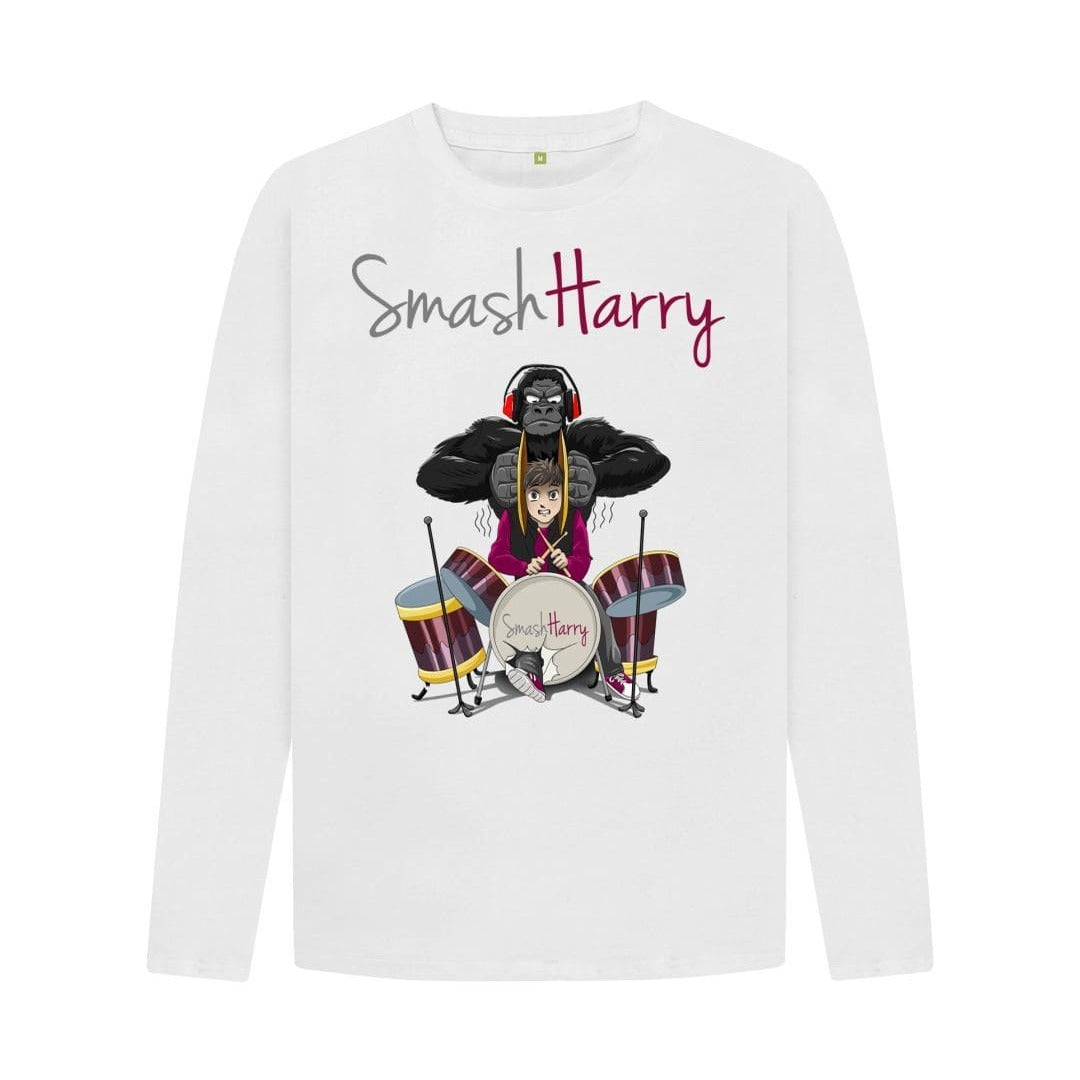 smashharry mens organic white long sleeved t-shirt with drums image