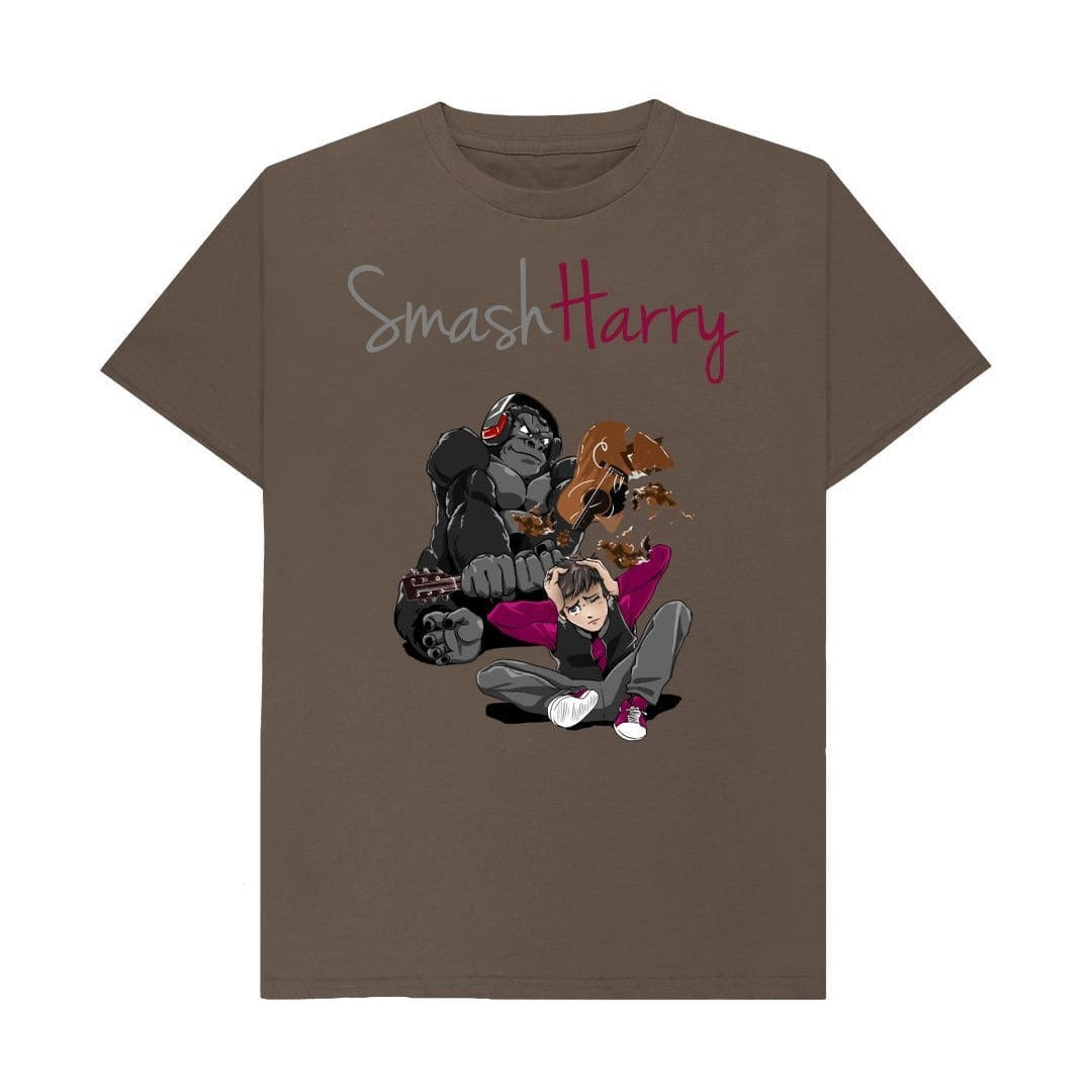 smashharry mens organic chocolate t-shirt with guitar image