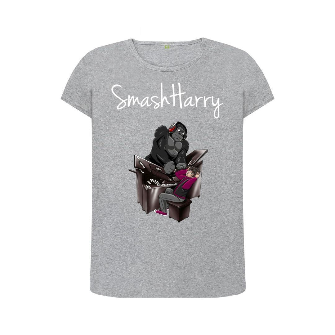 smashharry women's organic athletic grey crew neck t-shirt with piano image and white logo
